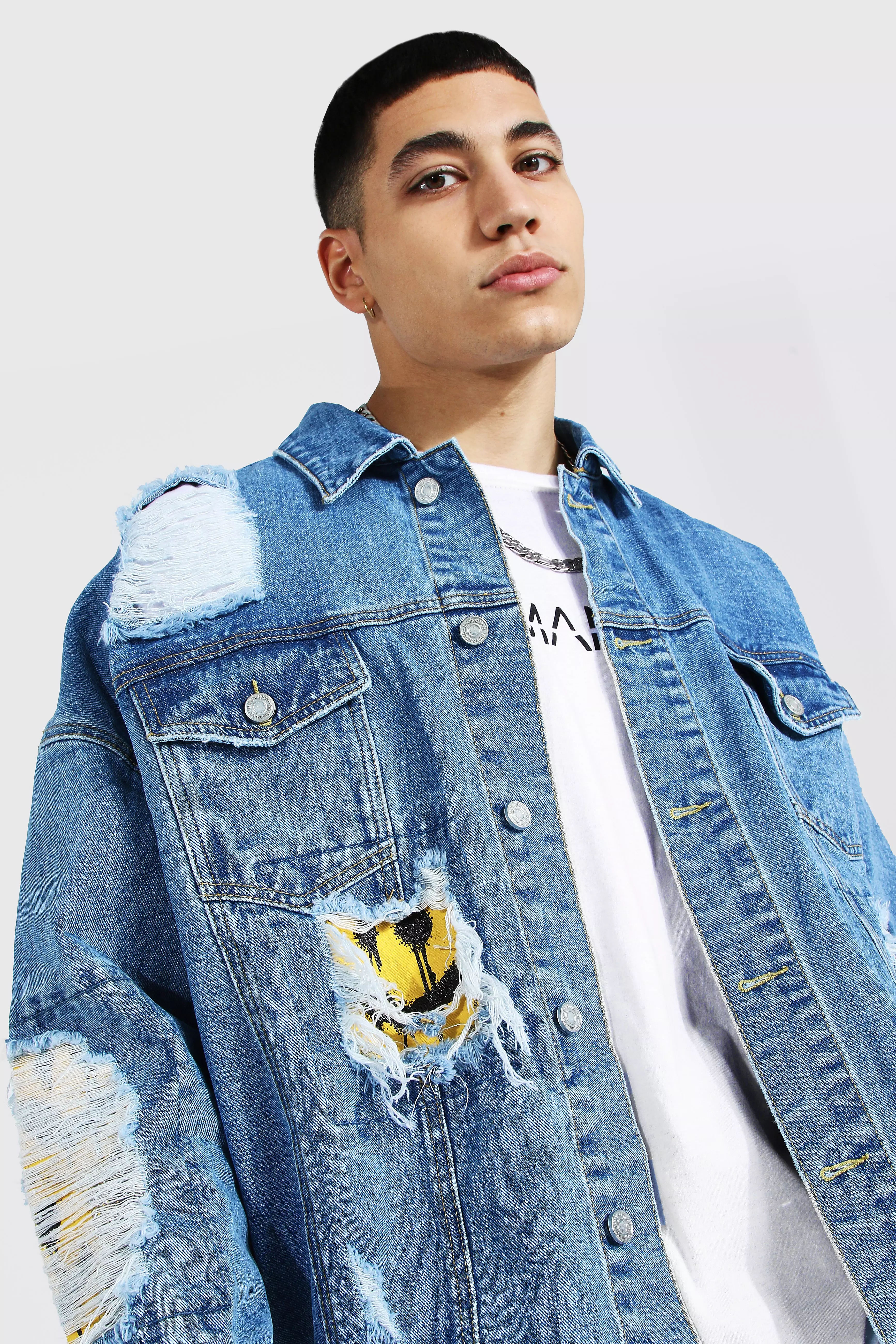 Mens denim hotsell jacket with rips